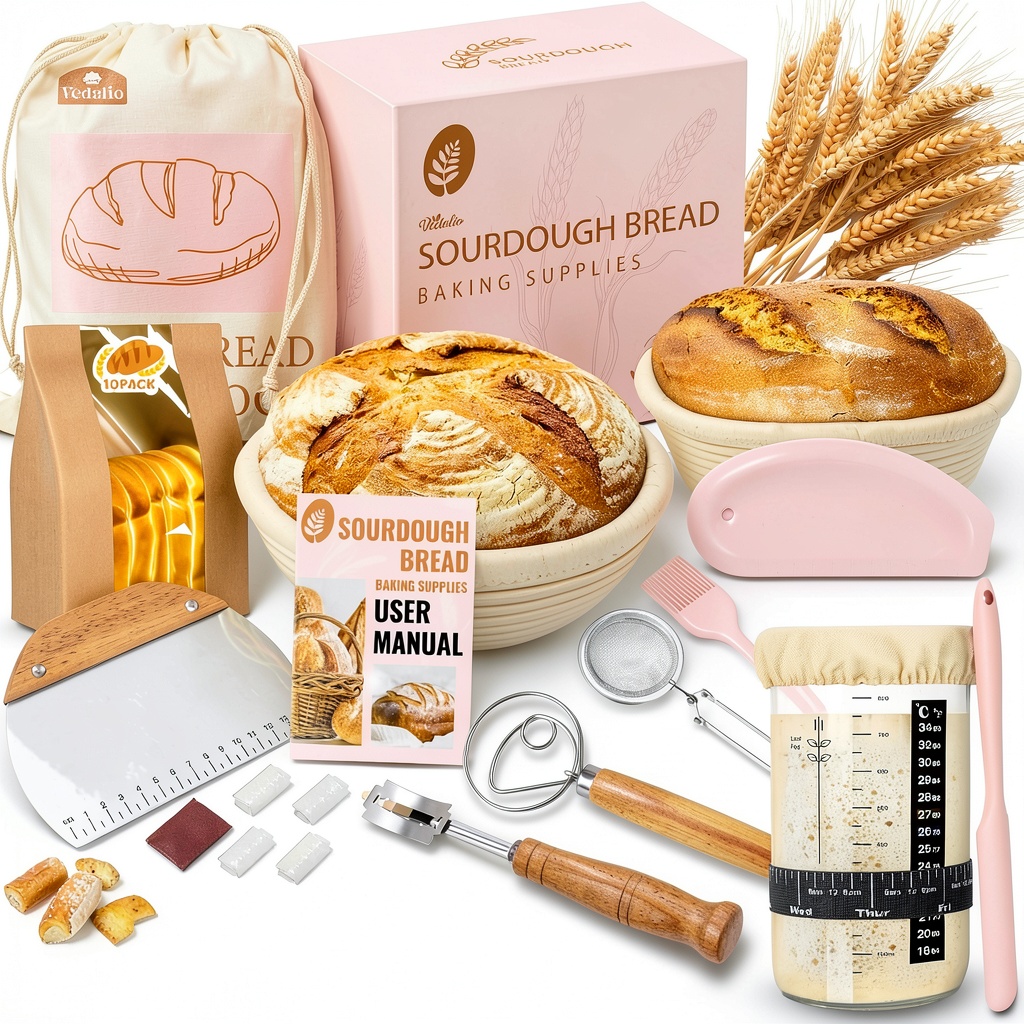 VEDALIO Sourdough Starter Kit with pink rattan baskets and accessories