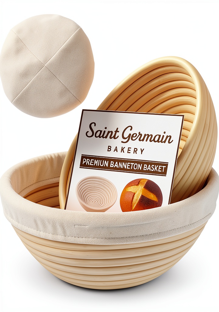 Saint Germain Bakery rattan bread proofing basket on a kitchen counter