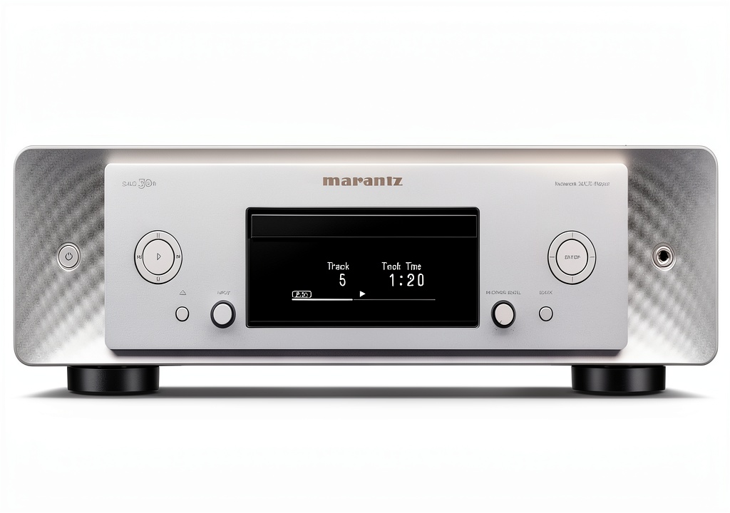 Installing Marantz high‑end home audio CD player on a wooden shelf in a listening room